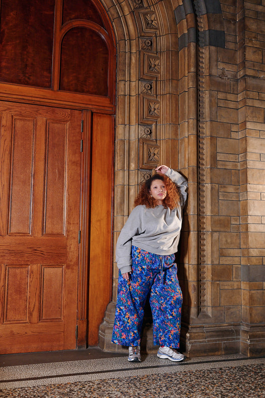 L.E. Chuck - Wide Leg Trousers - Organic Cotton in Digital Blur Natural History Museum & Yak
