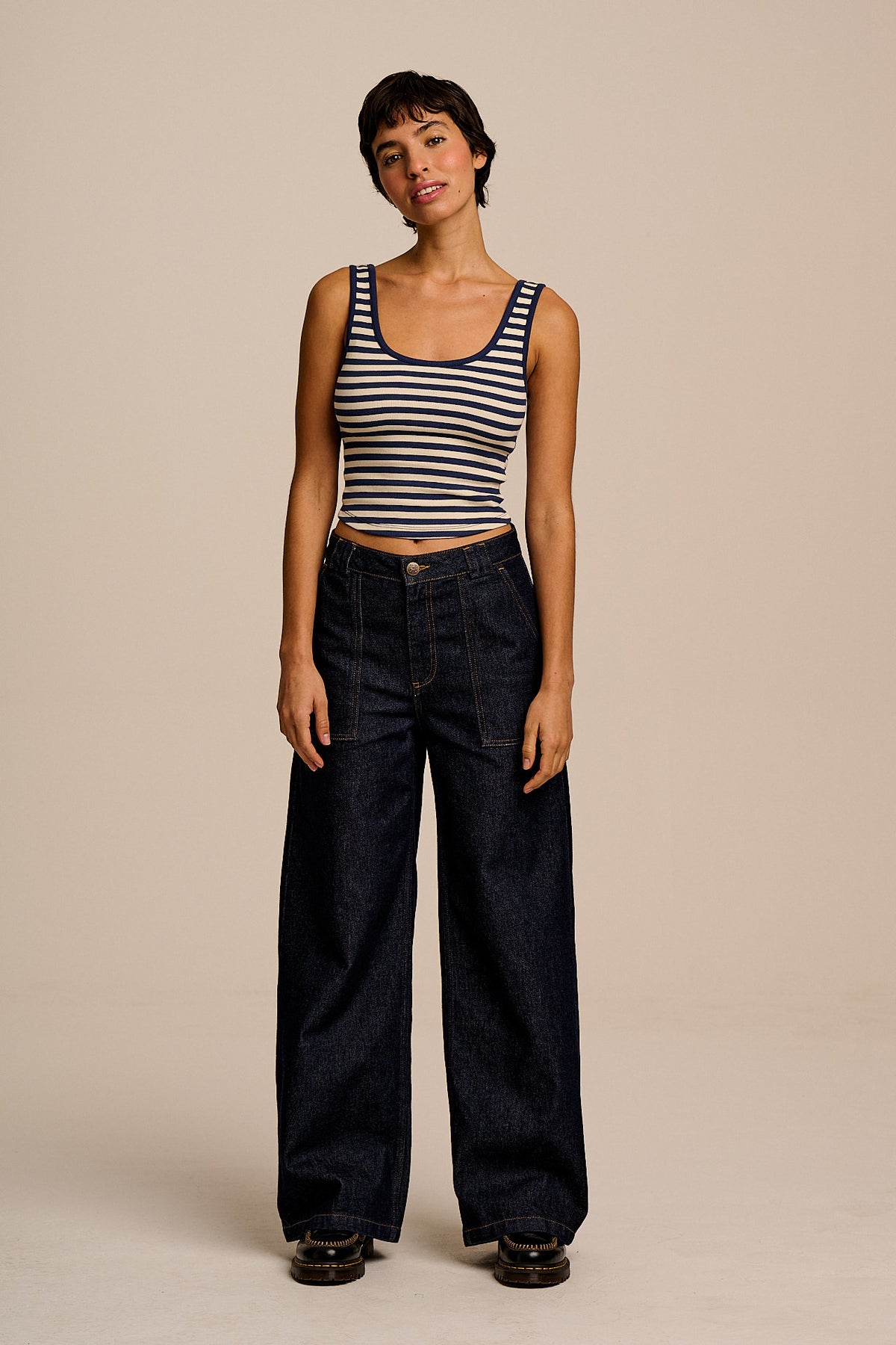Eden - Vest Organic Cotton in Navy & Ecru Stripe