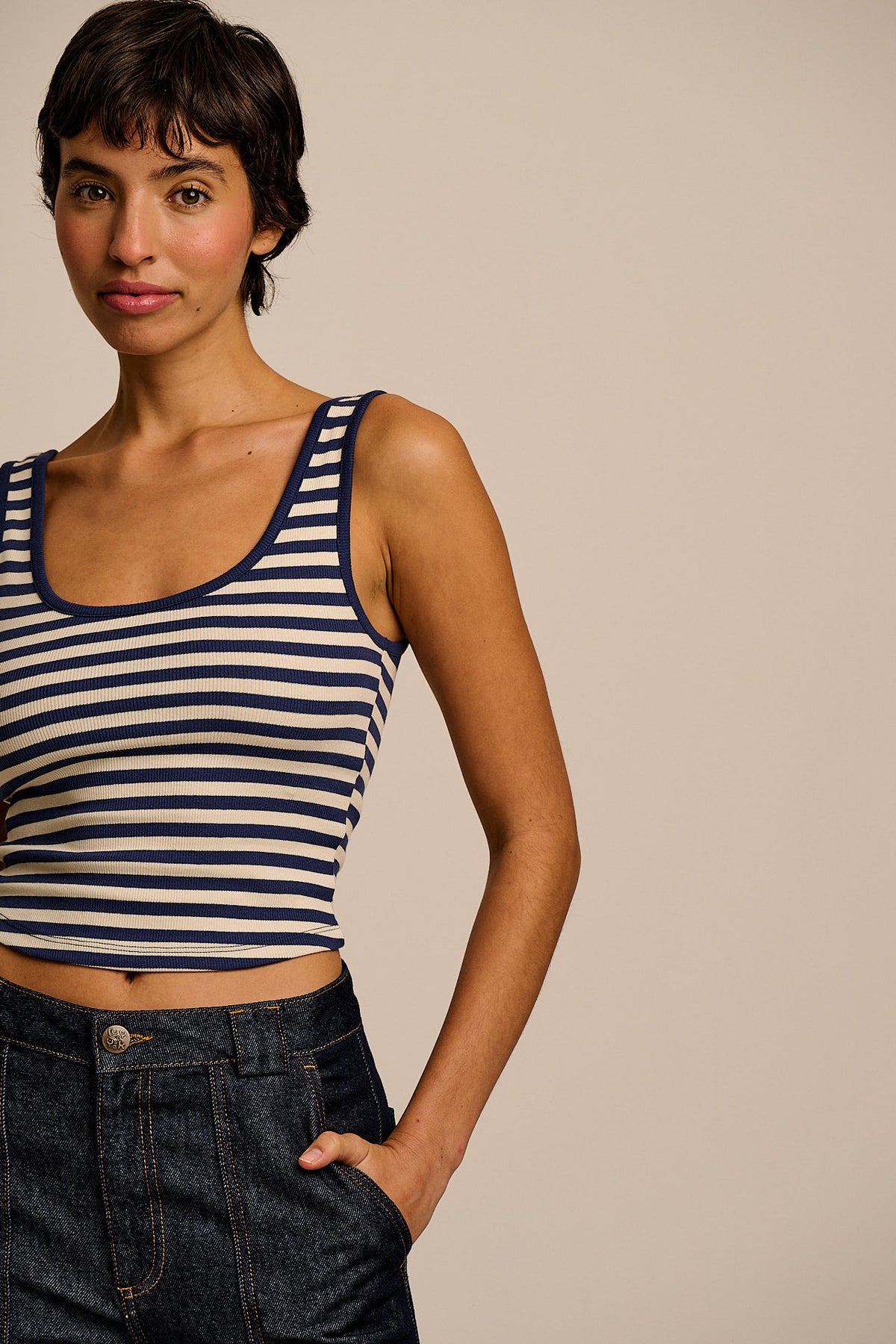 Eden - Vest Organic Cotton in Navy & Ecru Stripe