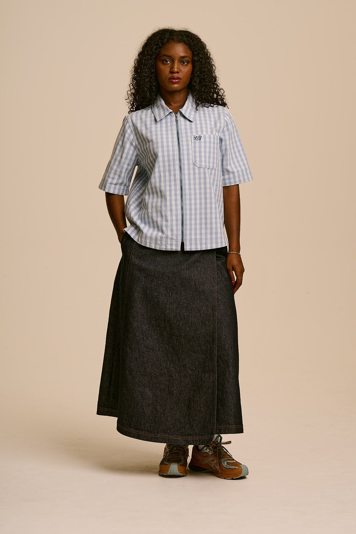Elio - Zip Through Shirt Organic Cotton in Blue Gingham