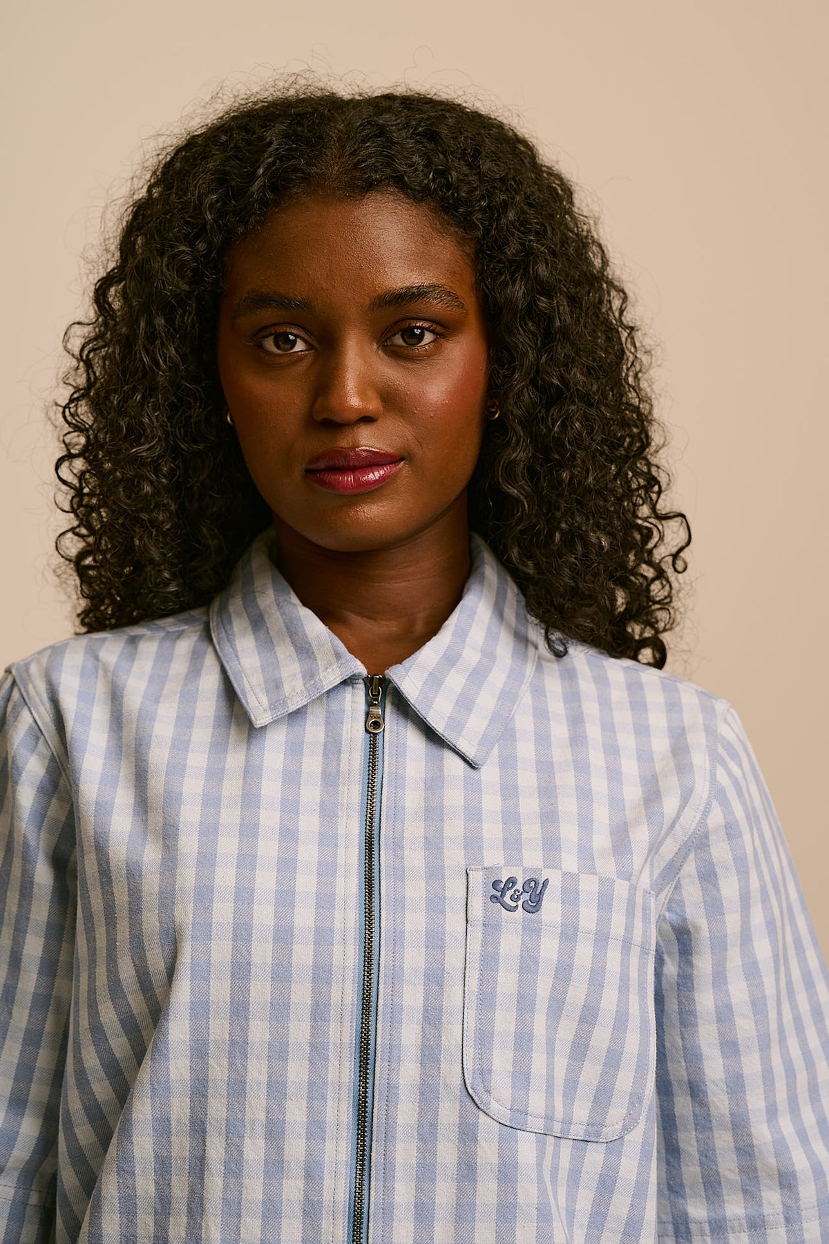 Elio - Zip Through Shirt Organic Cotton in Blue Gingham