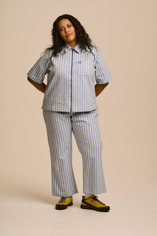 Ellis - Kick Flare Trousers Organic Cotton in Blue Gingham