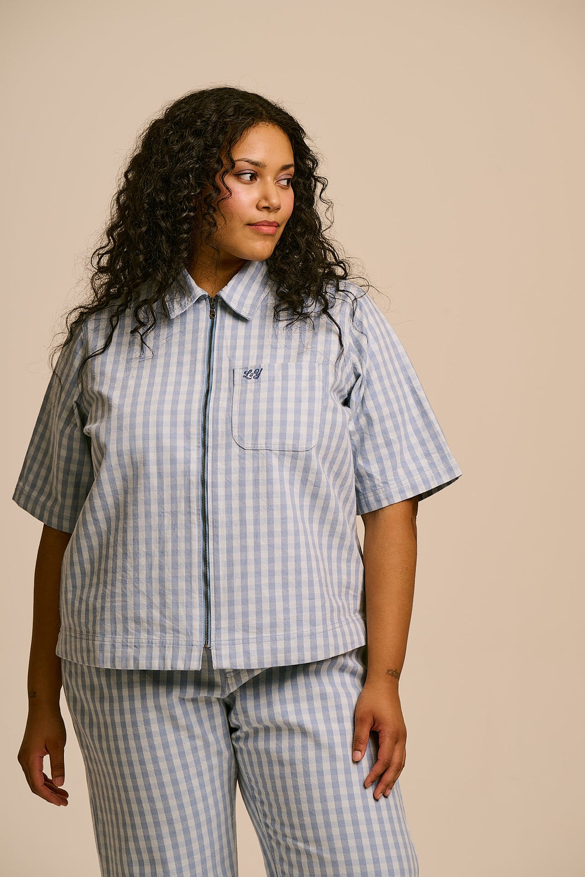 Elio - Zip Through Shirt Organic Cotton in Blue Gingham