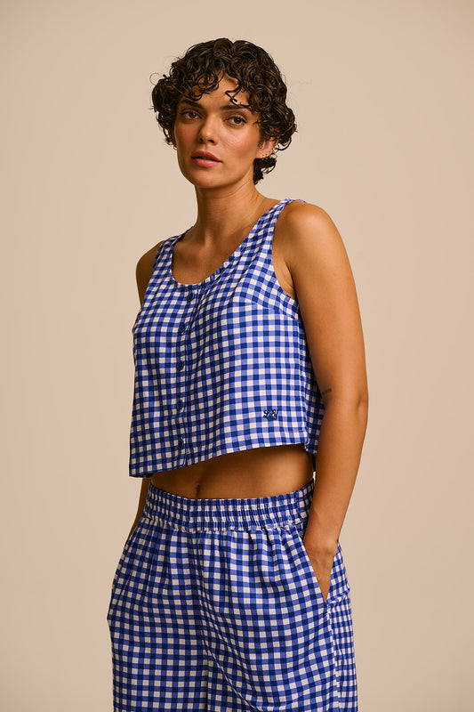 Etoile - Button Up Tank Top ECOVERO Viscose Blend in Blue Check