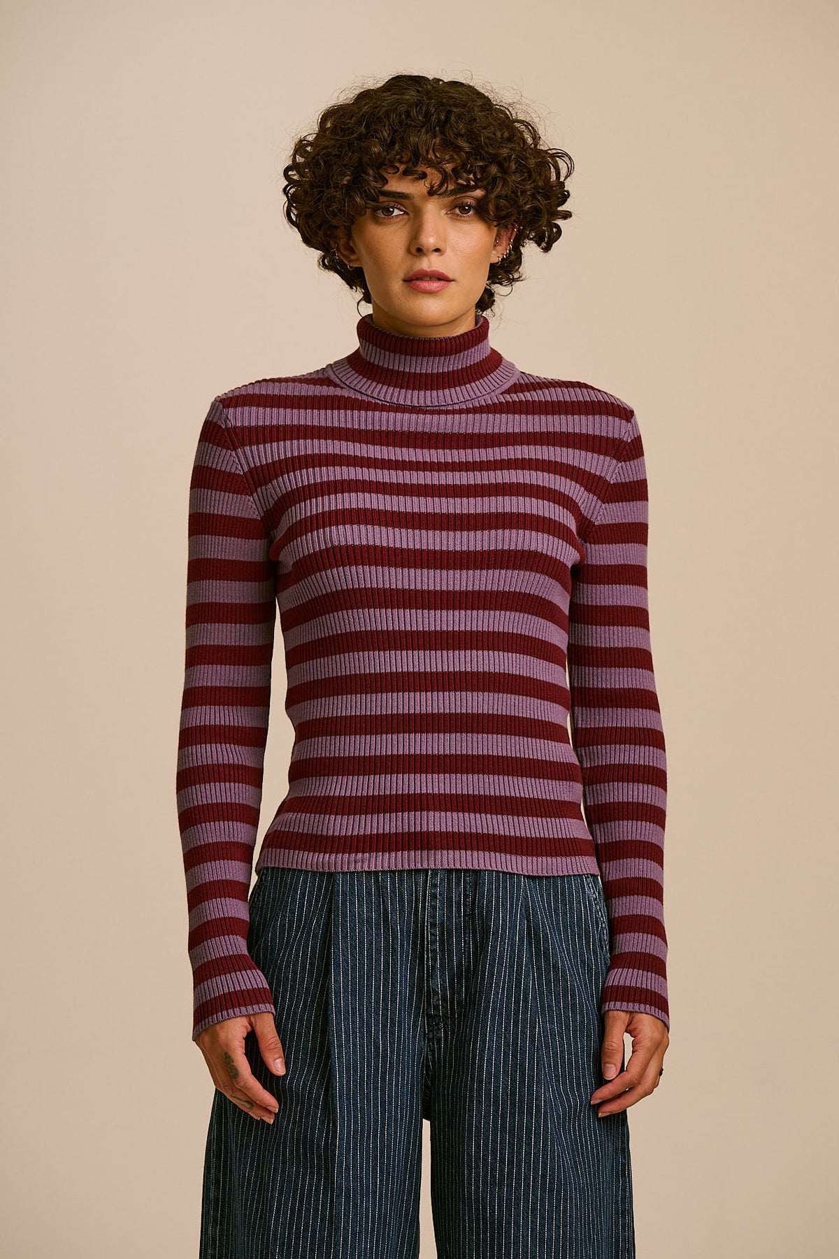Eva - Roll Neck Jumper in Harvest Home Stripe
