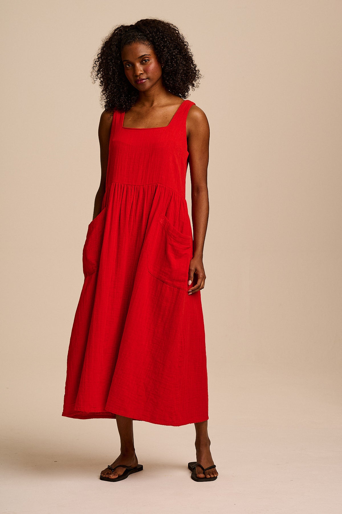 Florie - Square Neck Midi Dress Organic Cotton Double Gauze in Red
