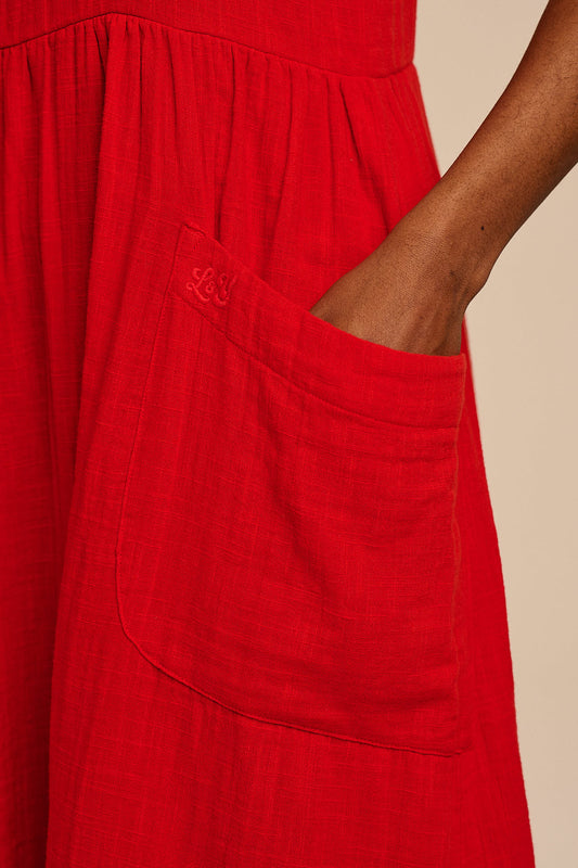 Florie - Square Neck Midi Dress Organic Cotton Double Gauze in Red