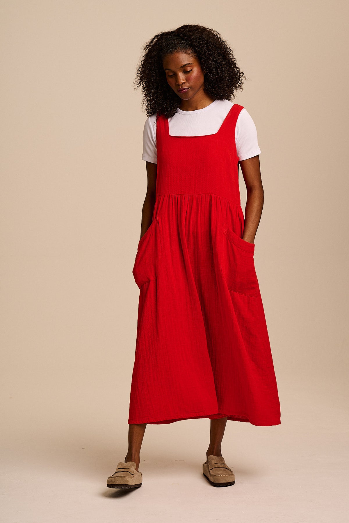 Florie - Square Neck Midi Dress Organic Cotton Double Gauze in Red