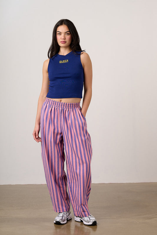 Bee Illustrates Pride 2026 Freddie - Barrel Leg Cotton Trousers in Pink & Blue Stripe