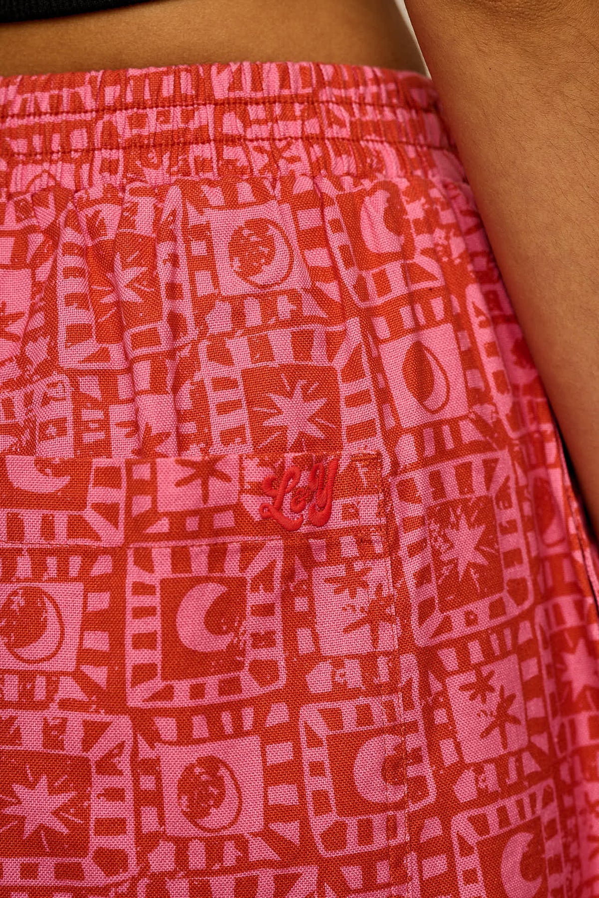 Freddie - Barrel Leg Trousers Organic Cotton in Pink & Red Lunar Checkerboard