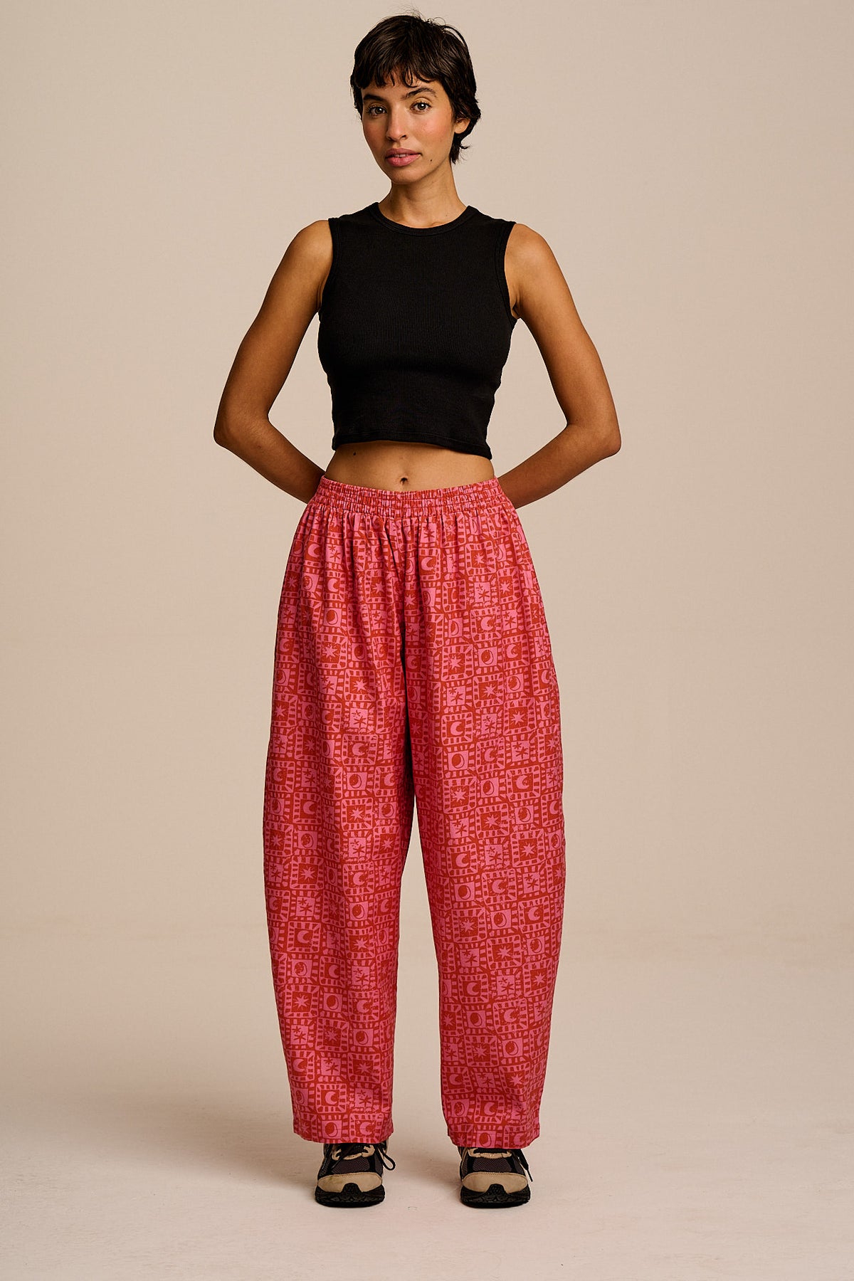 Freddie - Barrel Leg Trousers Organic Cotton in Pink & Red Lunar Checkerboard