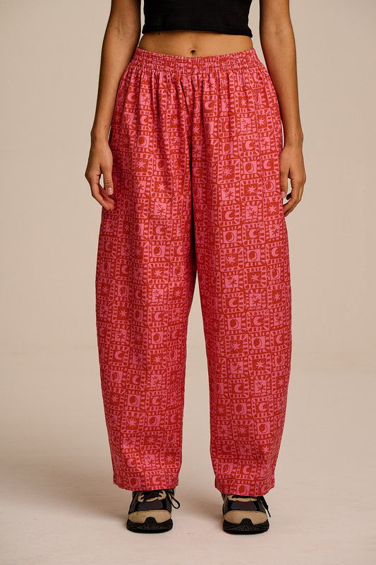Freddie - Barrel Leg Trousers Organic Cotton in Pink & Red Lunar Checkerboard