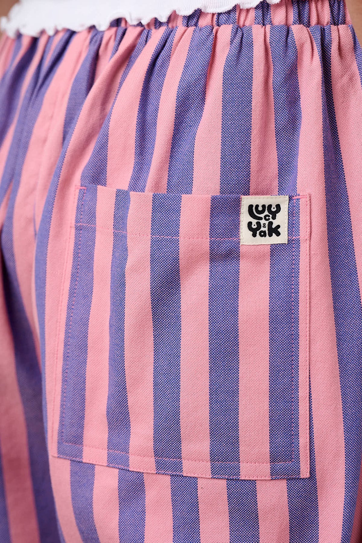 Bee Illustrates Pride 2026 Freddie - Barrel Leg Cotton Trousers in Pink & Blue Stripe