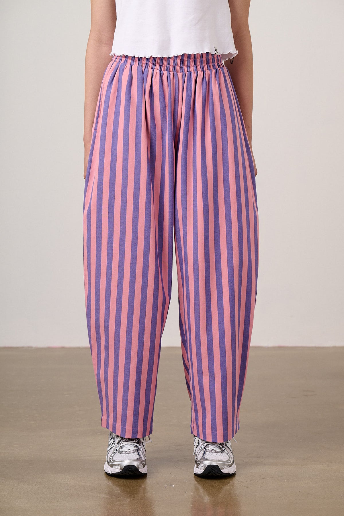 Bee Illustrates Pride 2026 Freddie - Barrel Leg Cotton Trousers in Pink & Blue Stripe
