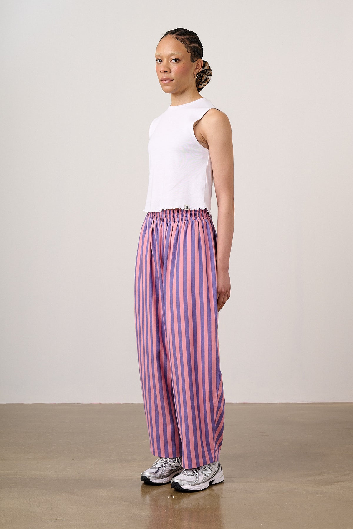Bee Illustrates Pride 2026 Freddie - Barrel Leg Cotton Trousers in Pink & Blue Stripe