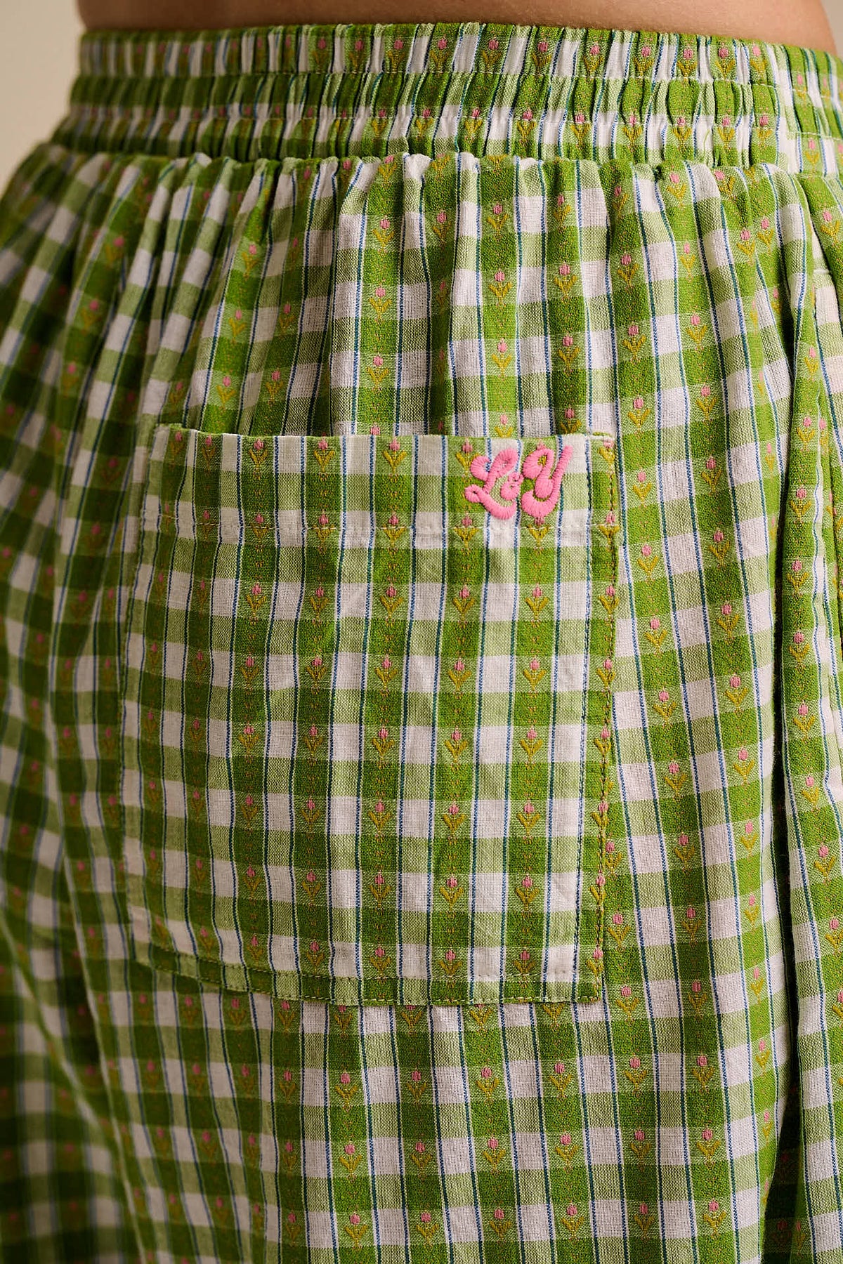 Freddie - Barrel Leg Cotton Trousers in Green & White Tulip Gingham