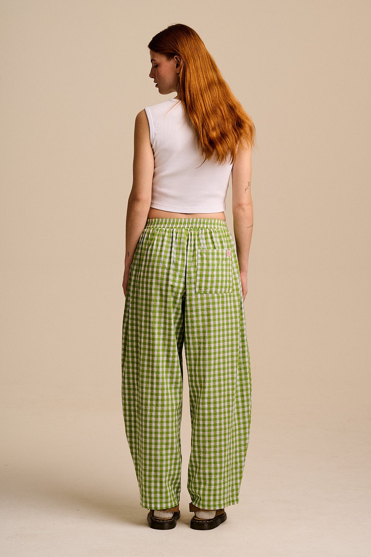 Freddie - Barrel Leg Cotton Trousers in Green & White Tulip Gingham