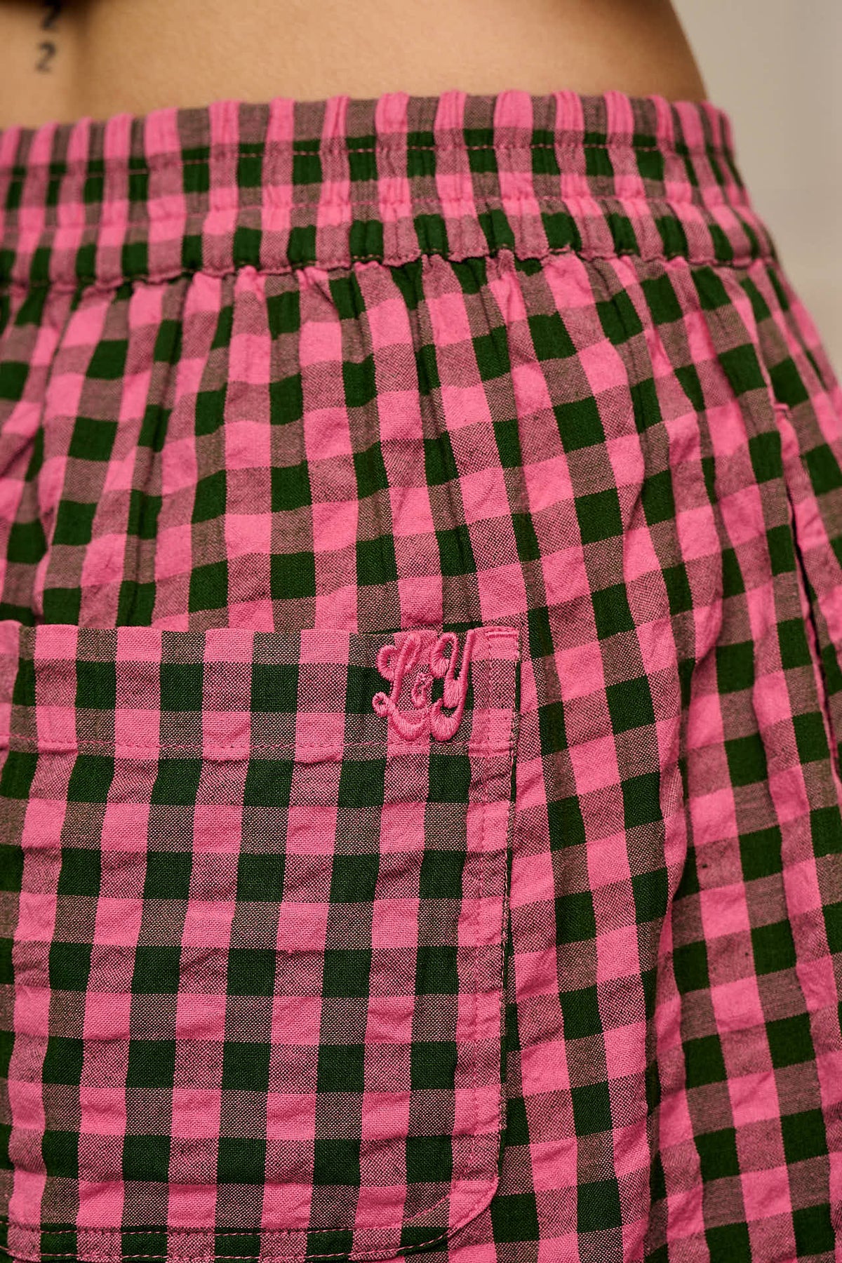 Freddie - Barrel Leg Trousers Organic Cotton Seersucker in Pink & Green Gingham