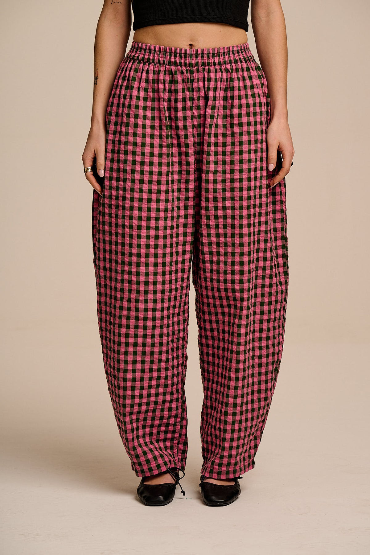 Freddie - Barrel Leg Trousers Organic Cotton Seersucker in Pink & Green Gingham