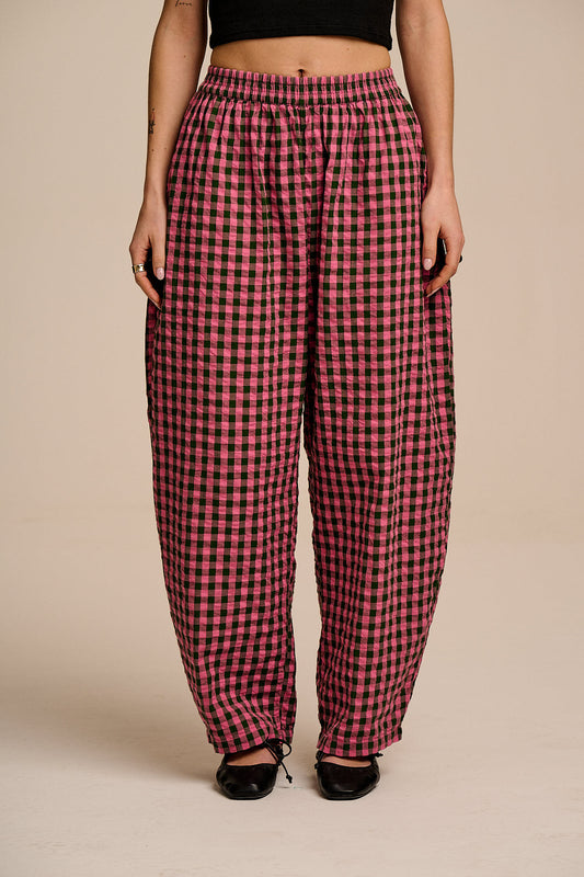 Freddie - Barrel Leg Trousers Organic Cotton Seersucker in Pink & Green Gingham