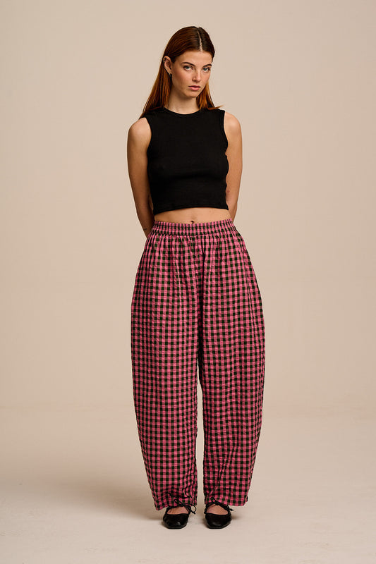 Freddie - Barrel Leg Trousers Organic Cotton Seersucker in Pink & Green Gingham