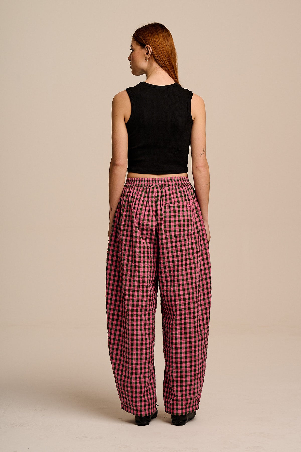 Freddie - Barrel Leg Trousers Organic Cotton Seersucker in Pink & Green Gingham