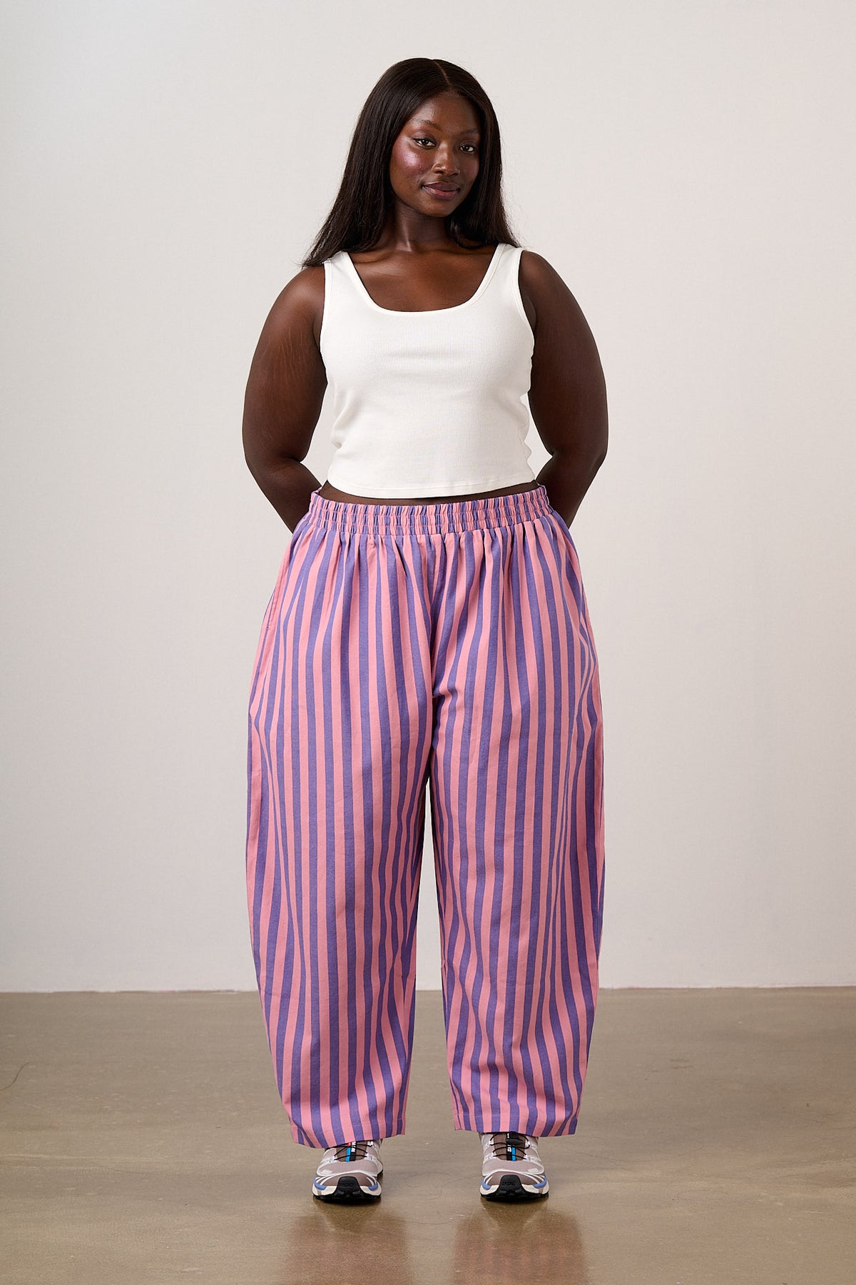 Bee Illustrates Pride 2026 Freddie - Barrel Leg Cotton Trousers in Pink & Blue Stripe