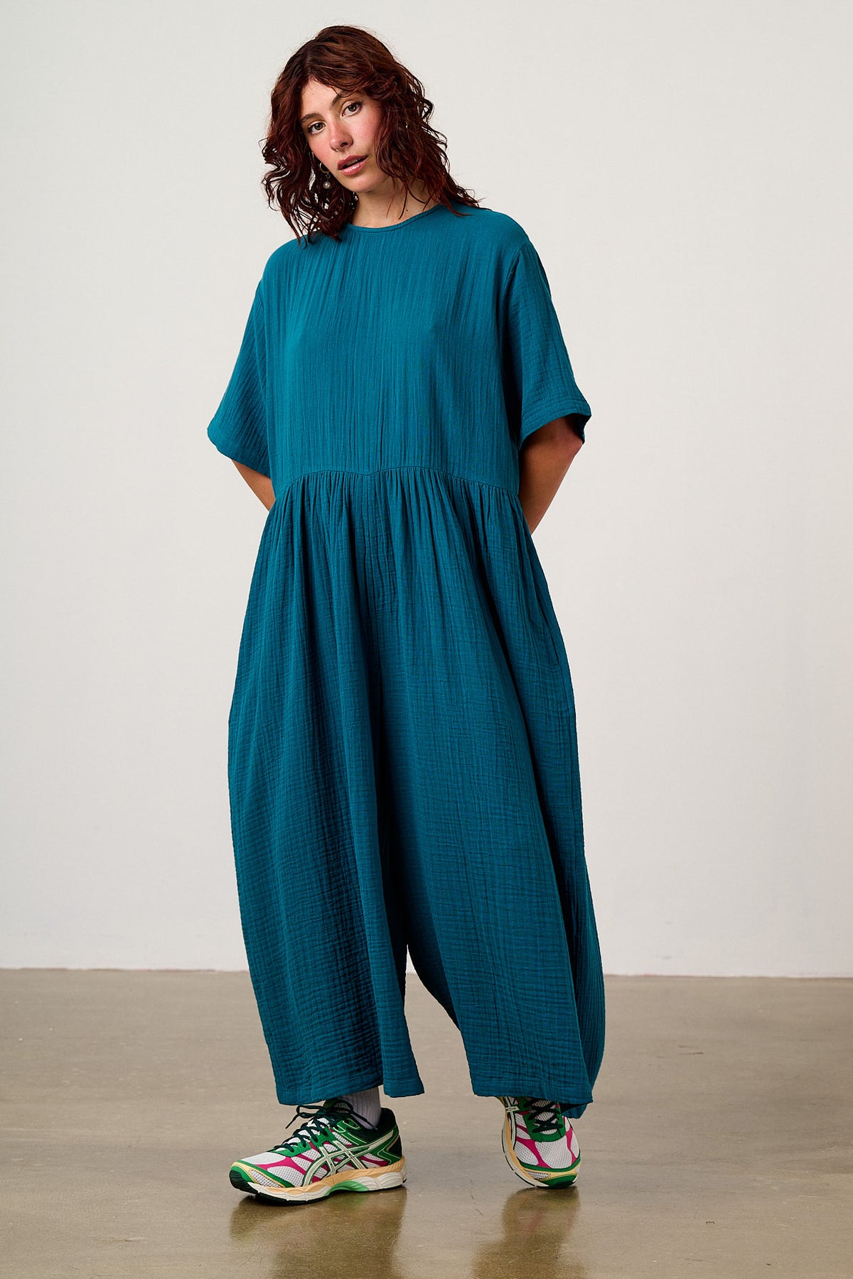 George - Wide Leg Jumpsuit Organic Cotton Double Gauze in Teal
