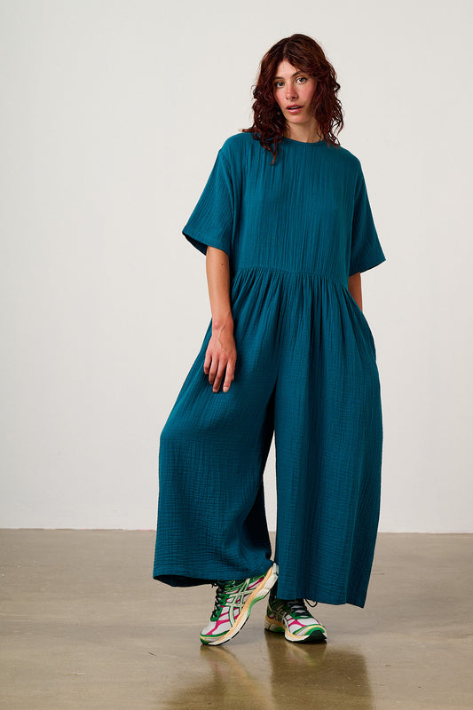 George - Wide Leg Jumpsuit Organic Cotton Double Gauze in Teal