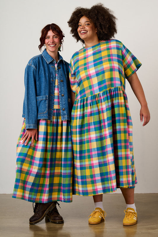 Georgia - Drop Waist Midi Dress Organic Brushed Cotton in Retro Picnic Fun Check