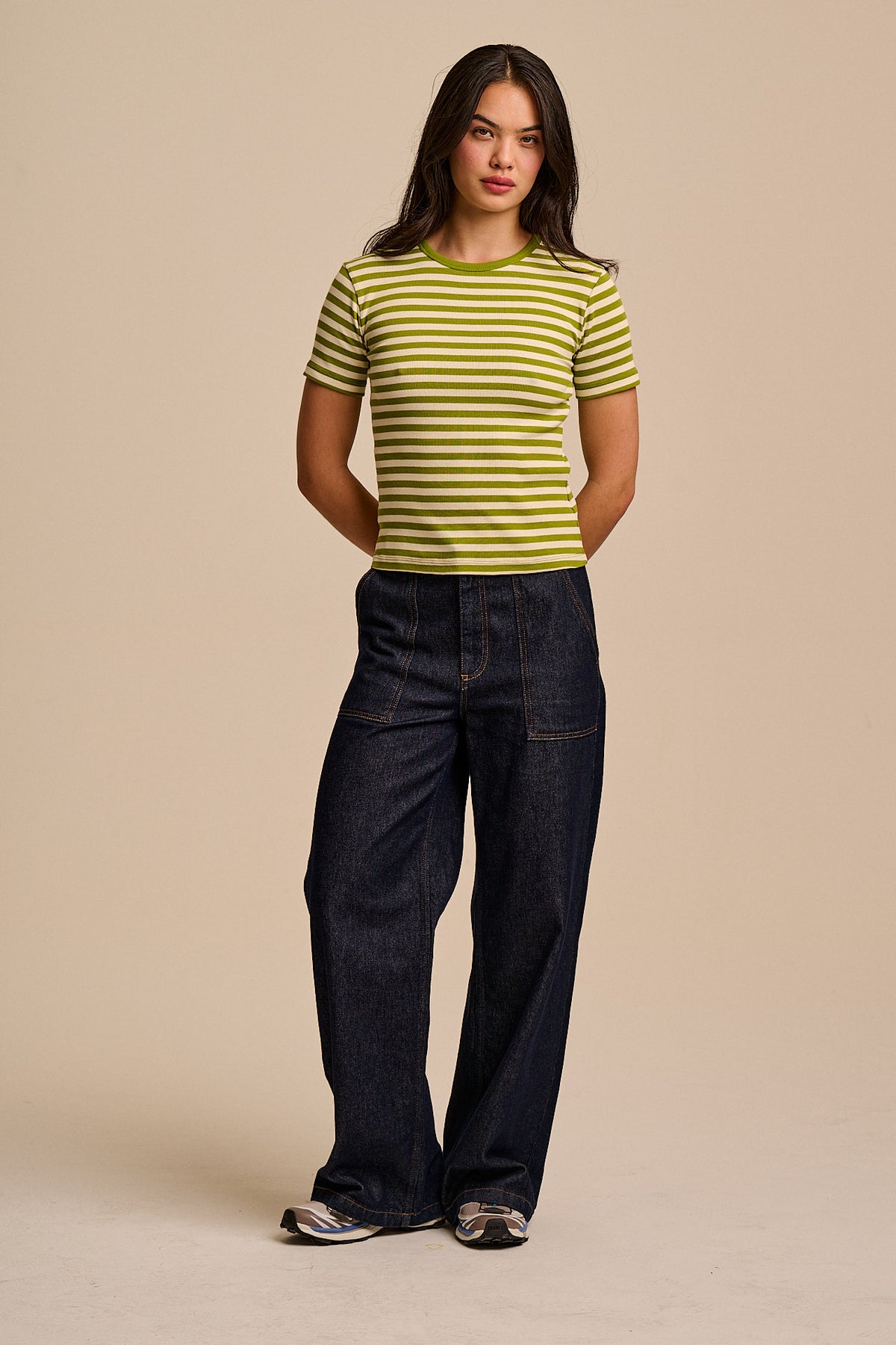 Gracie - T-Shirt Organic Cotton in Green & Ecru Stripe