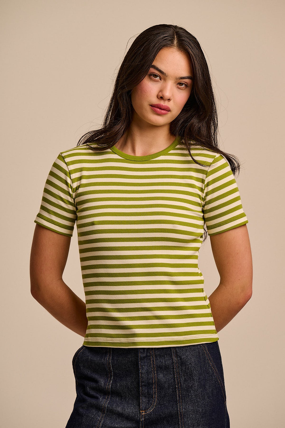 Gracie - T-Shirt Organic Cotton in Green & Ecru Stripe