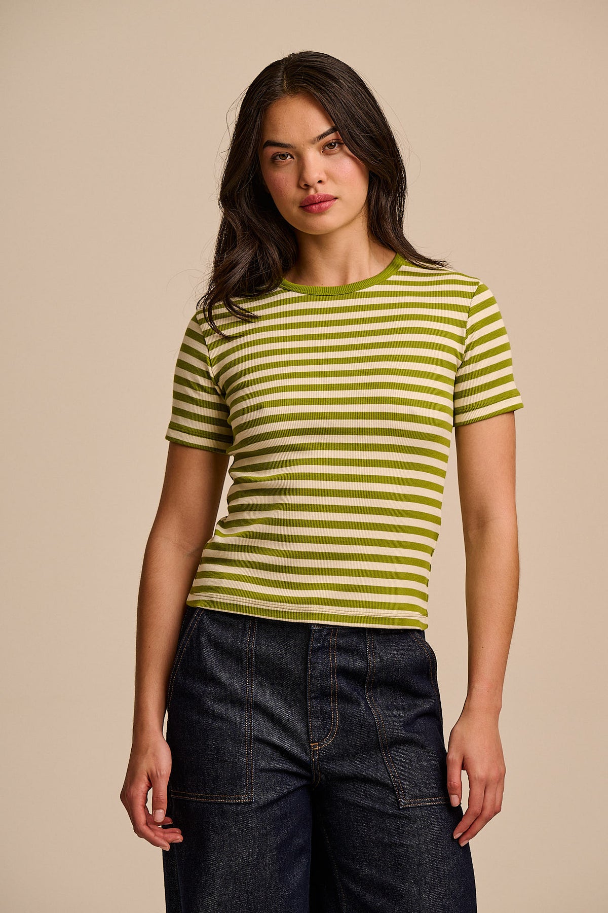 Gracie - T-Shirt Organic Cotton in Green & Ecru Stripe