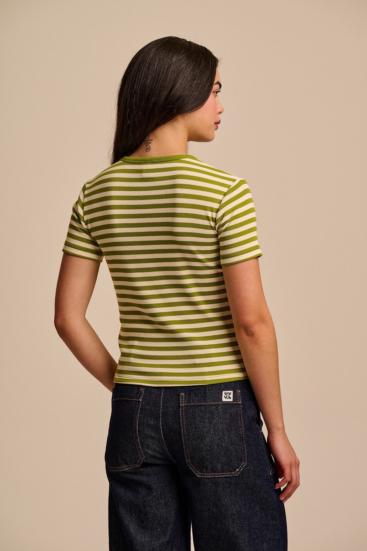 Gracie - T-Shirt Organic Cotton in Green & Ecru Stripe