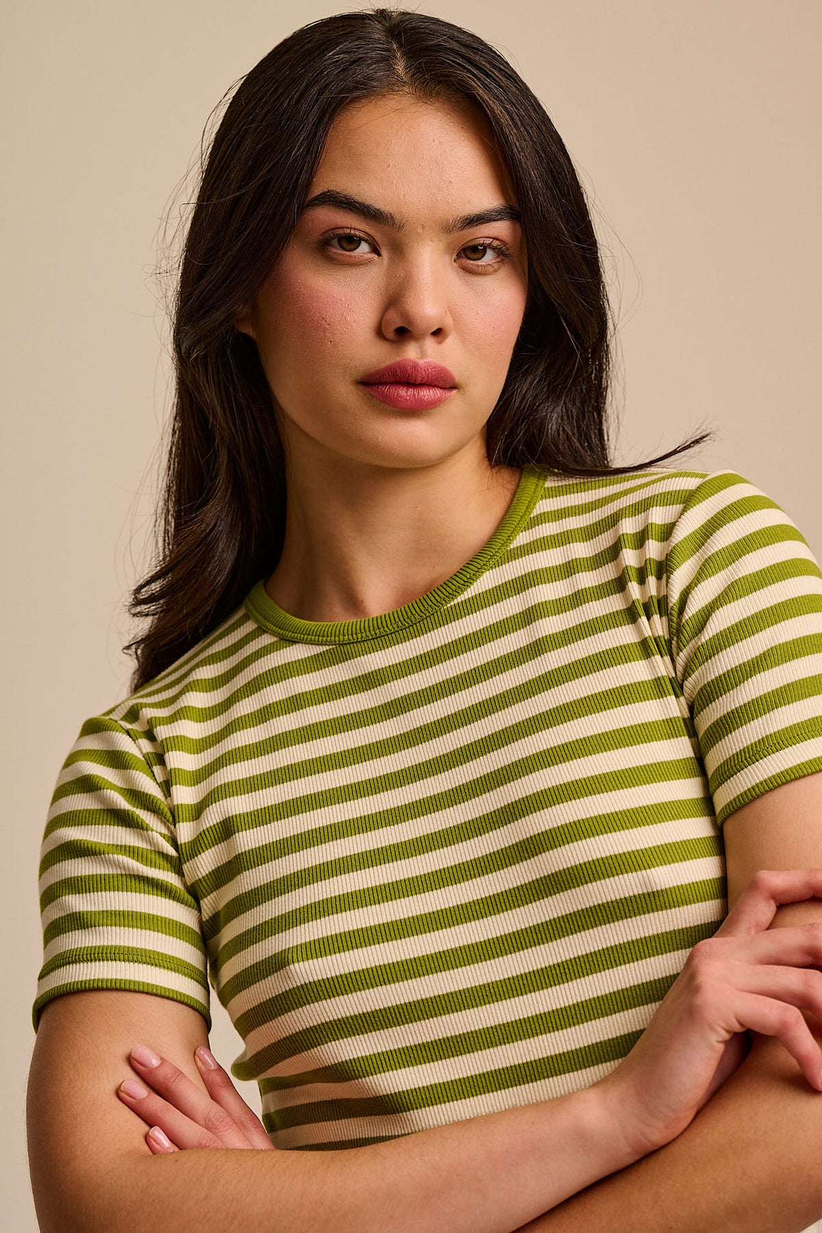 Gracie - T-Shirt Organic Cotton in Green & Ecru Stripe