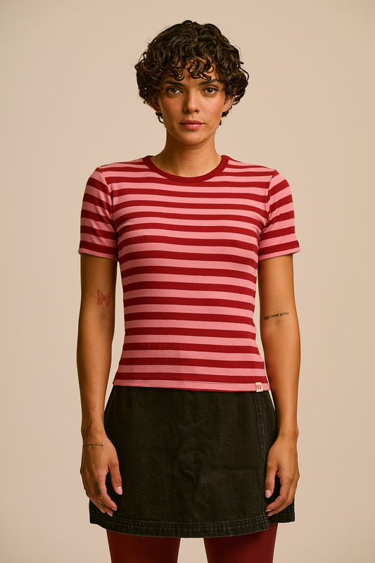 Gracie - T-Shirt Organic Cotton in Pink & Maroon Stripe
