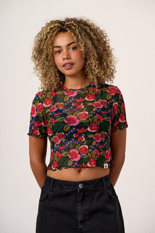 Greta - Cropped Top Mesh in Black Marie Print