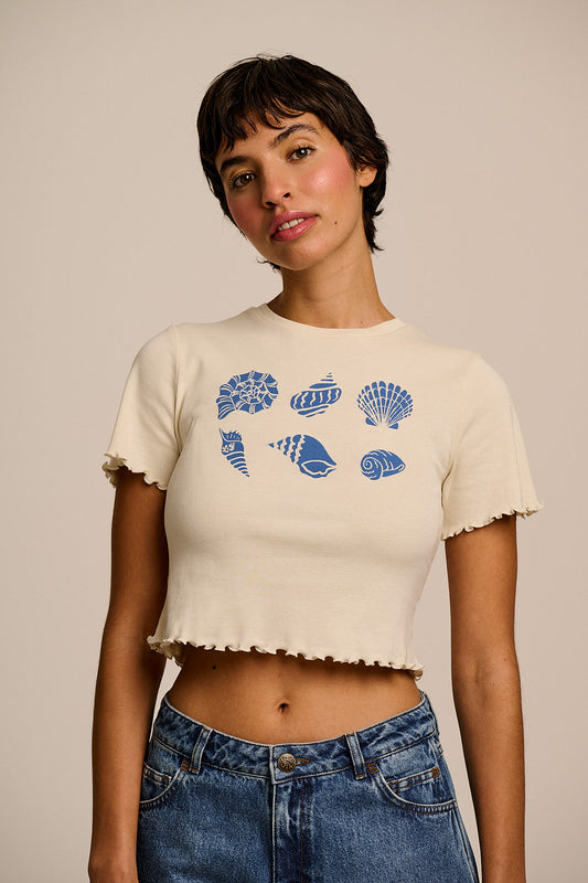 Greta - Cropped Top Cotton in Ecru Shell Print