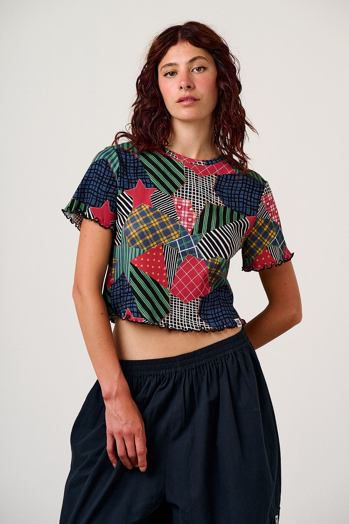 Greta - Cropped Top Cotton in Patchwork Star Print