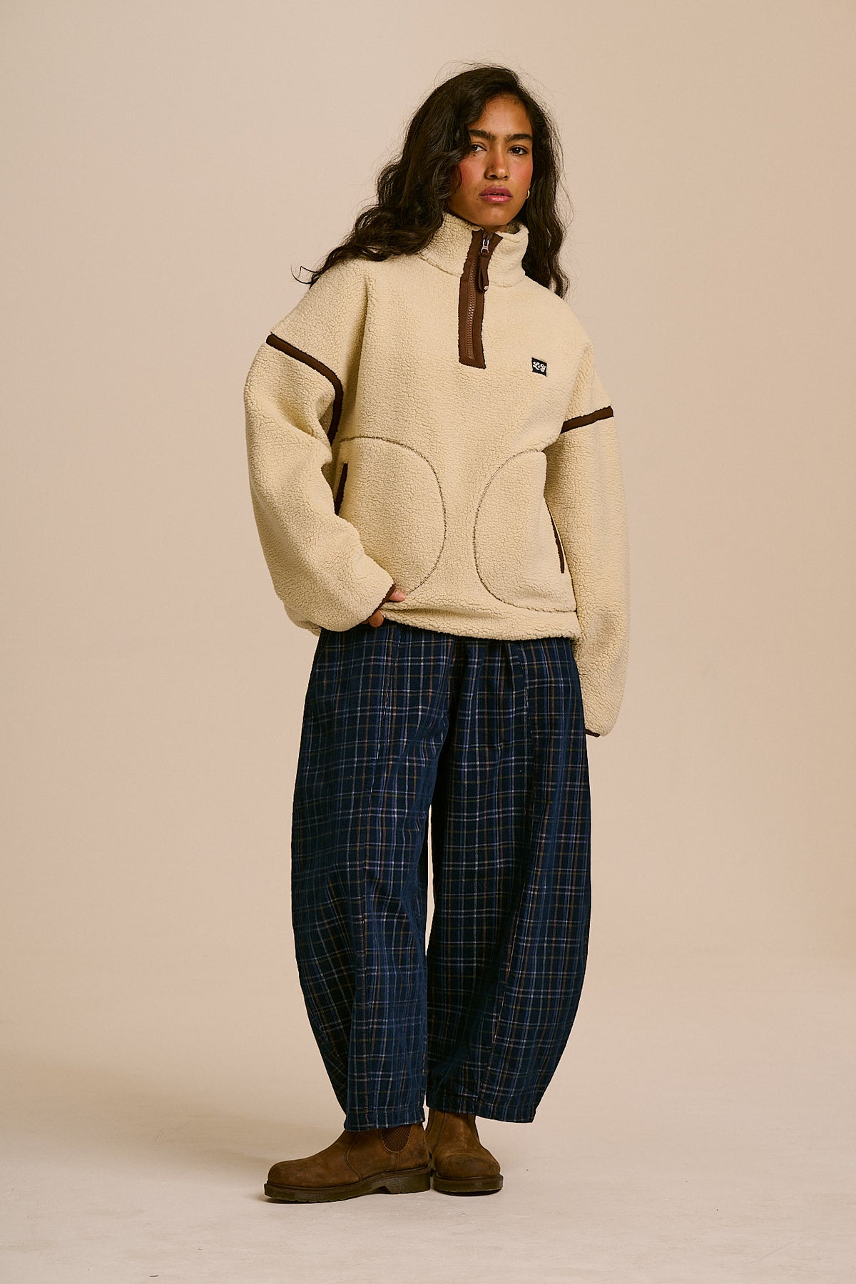 Hadley - Half Zip Fleece Recycled Polyester Borg in Ecru and Chocolate