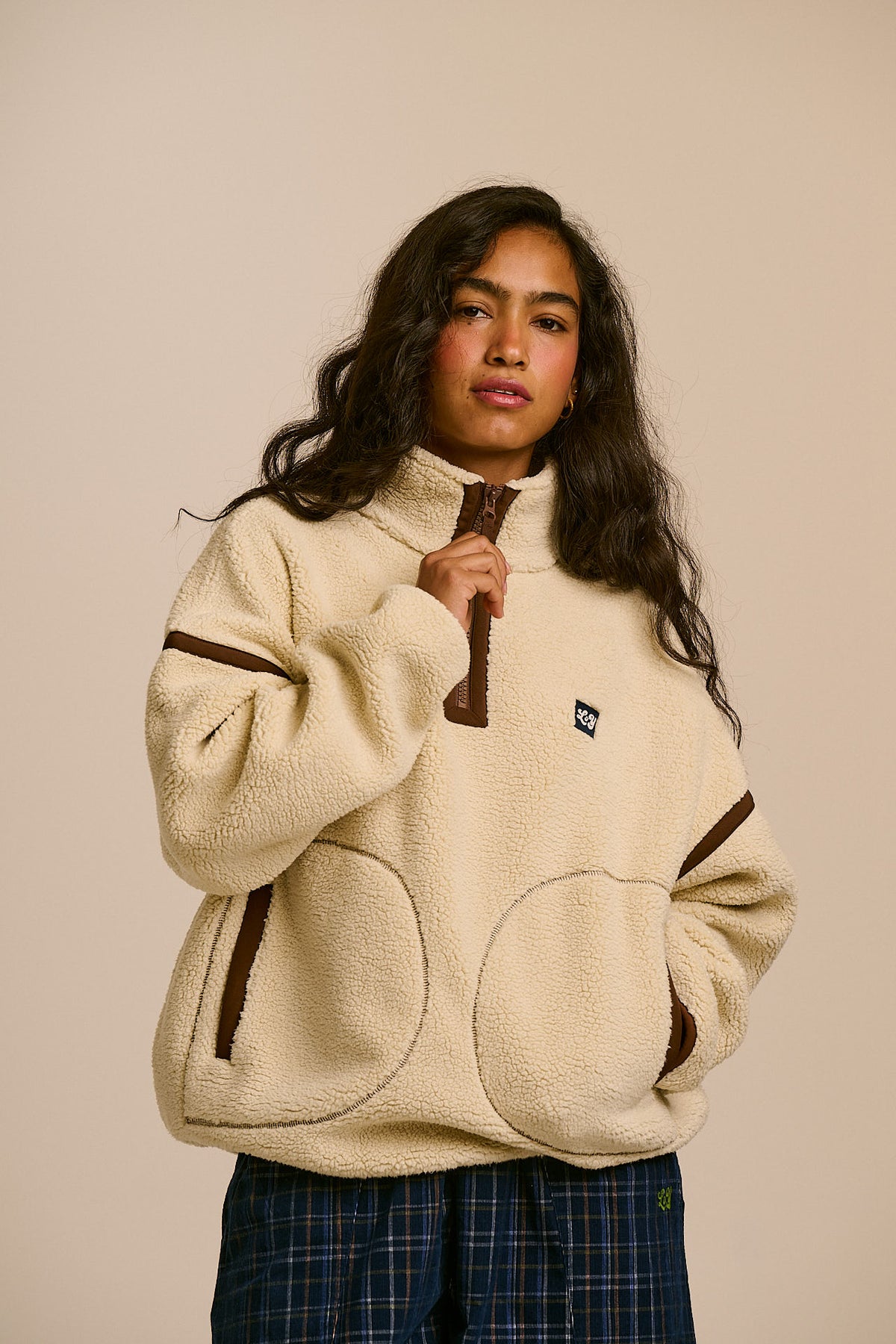 Hadley - Half Zip Fleece Recycled Polyester Borg in Ecru and Chocolate