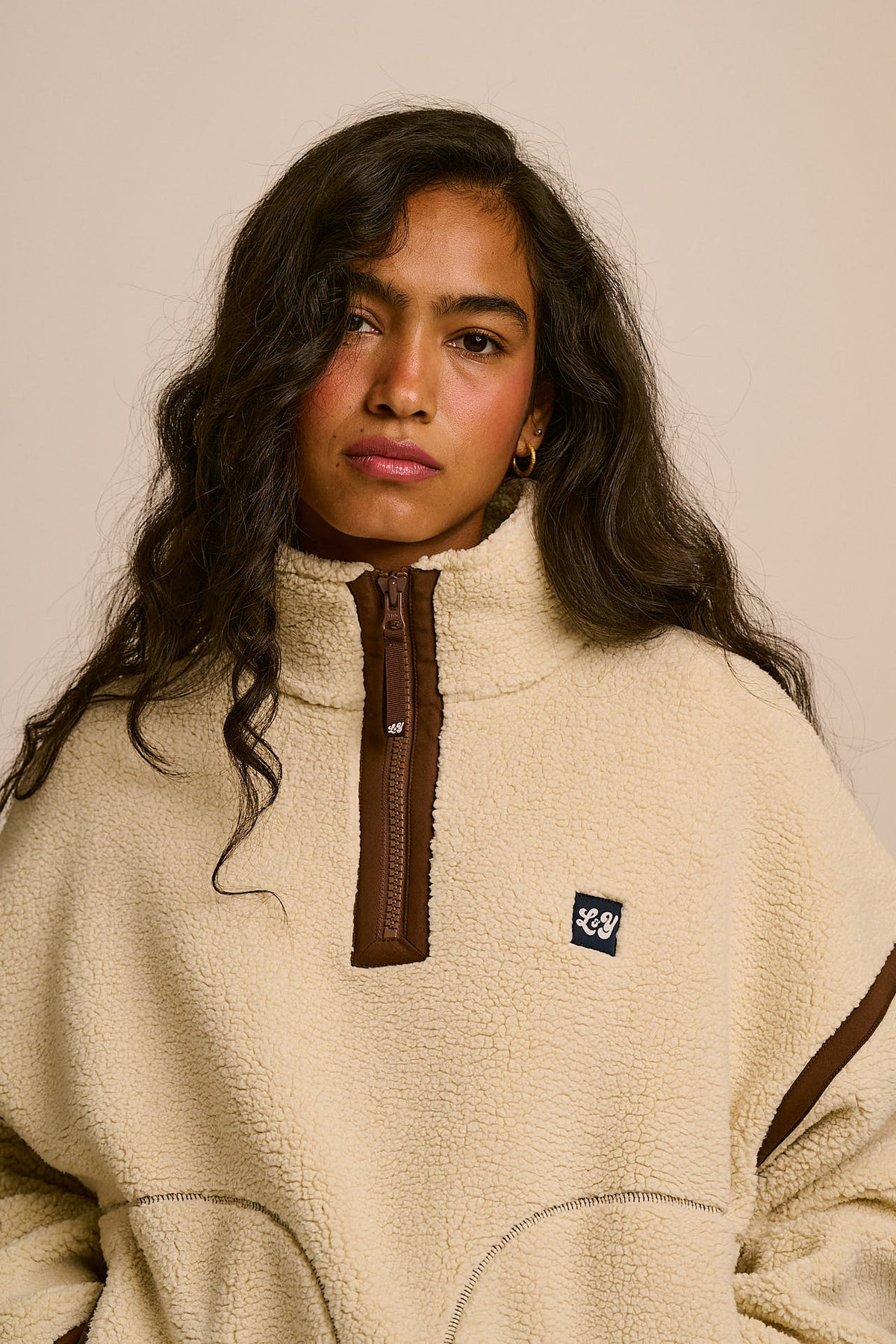 Hadley - Half Zip Fleece Recycled Polyester Borg in Ecru and Chocolate