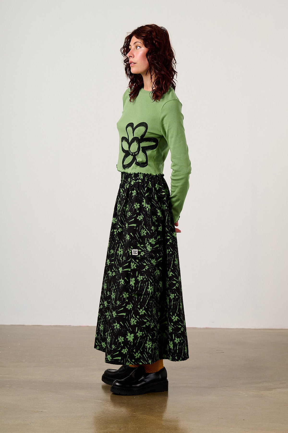 Hansel - Long Sleeve Top Organic Cotton in Green Scribble Floral