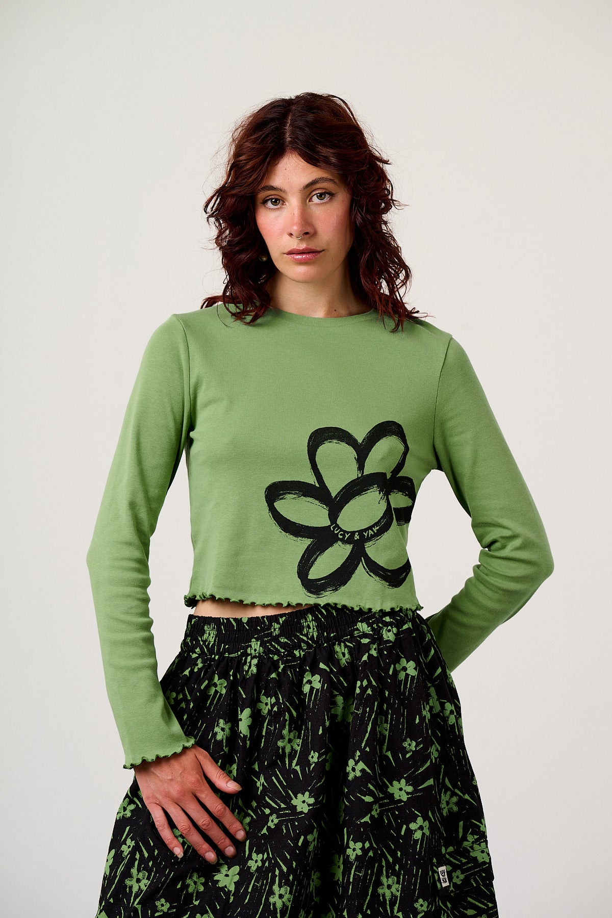 Hansel - Long Sleeve Top Organic Cotton in Green Scribble Floral