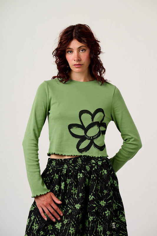 Hansel - Long Sleeve Top Organic Cotton in Green Scribble Floral