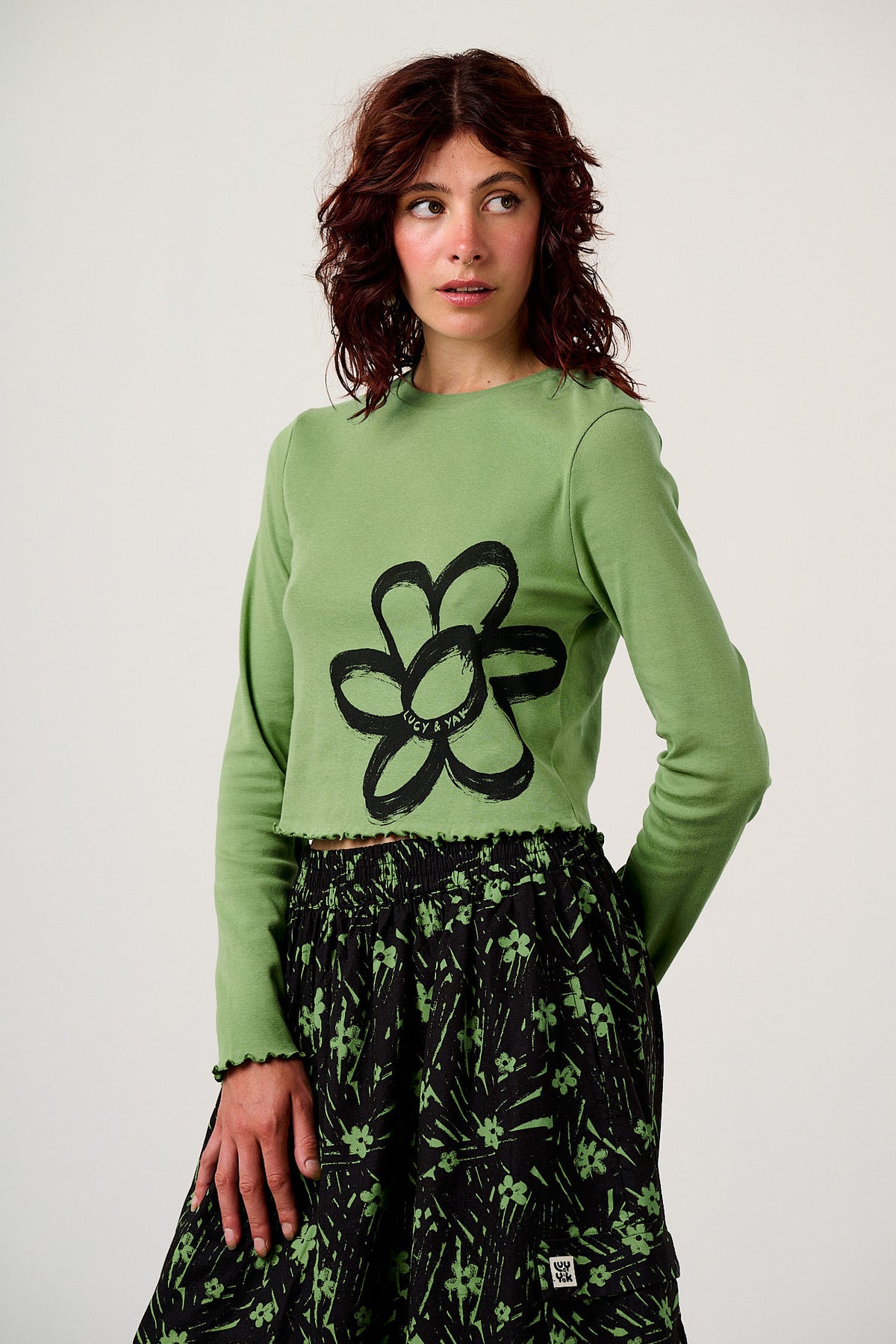 Hansel - Long Sleeve Top Organic Cotton in Green Scribble Floral