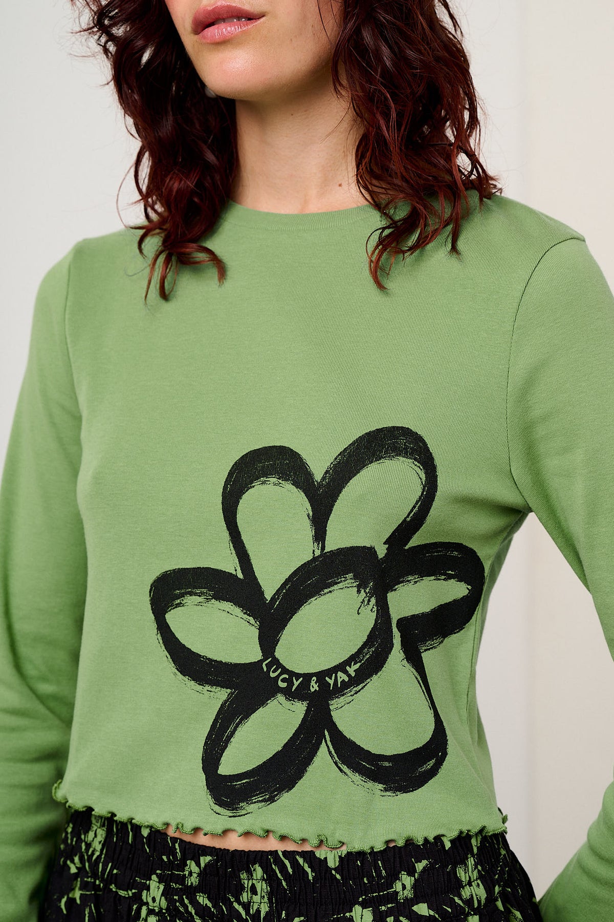 Hansel - Long Sleeve Top Organic Cotton in Green Scribble Floral