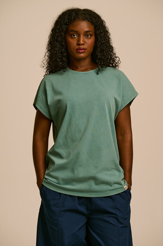 Inessa - Cap Sleeve T-Shirt Organic Cotton in Washed Green