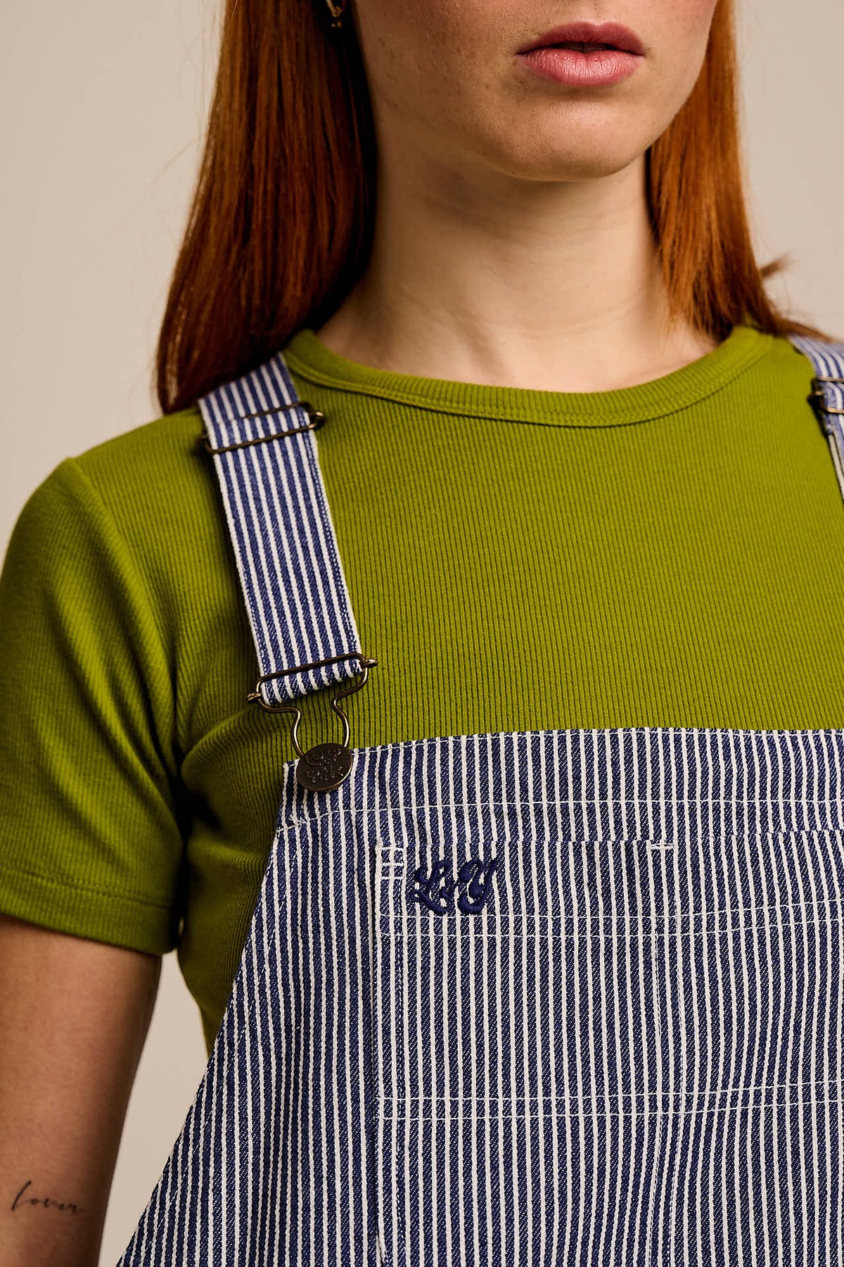 Jara - Knee Length Dungaree Shorts Organic Cotton in Navy Pinstripe