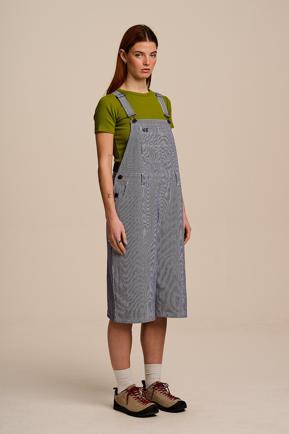 Jara - Knee Length Dungaree Shorts Organic Cotton in Navy Pinstripe